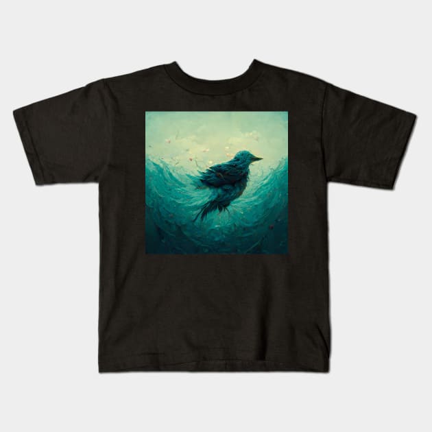 Drowning bird in blue water Kids T-Shirt by Riverside-Moon